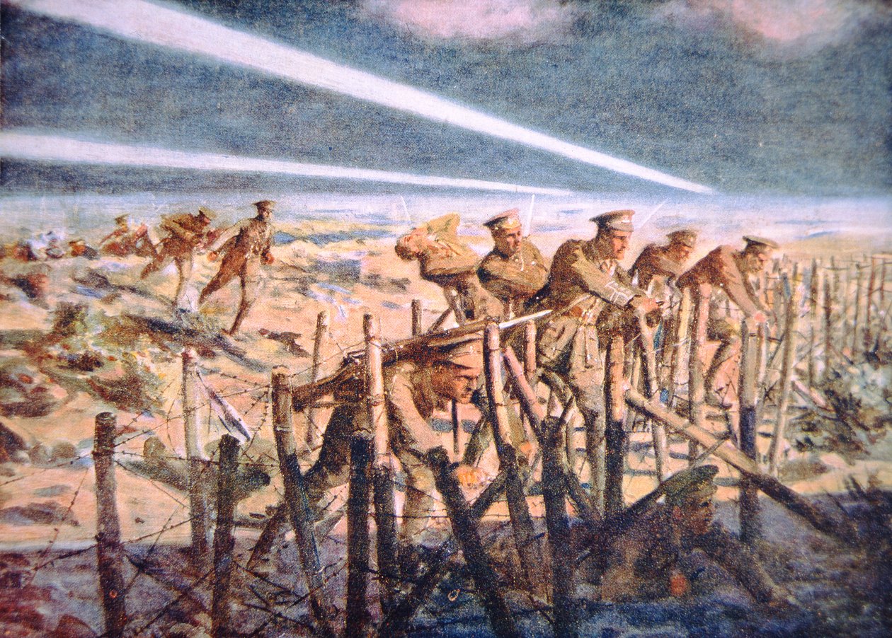 Brit katonák német szögesdrót védelmet vágtak éjszaka a nyugati fronton (színes litó) alkotó: Allan (after) Stewart