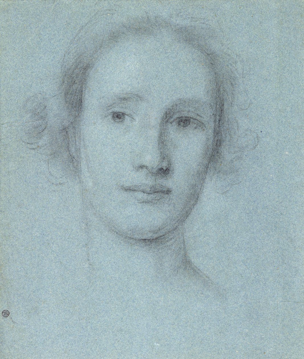 Egy lány feje (fekete és fehér kréta kék fektetett papíron) alkotó: Allan Ramsay