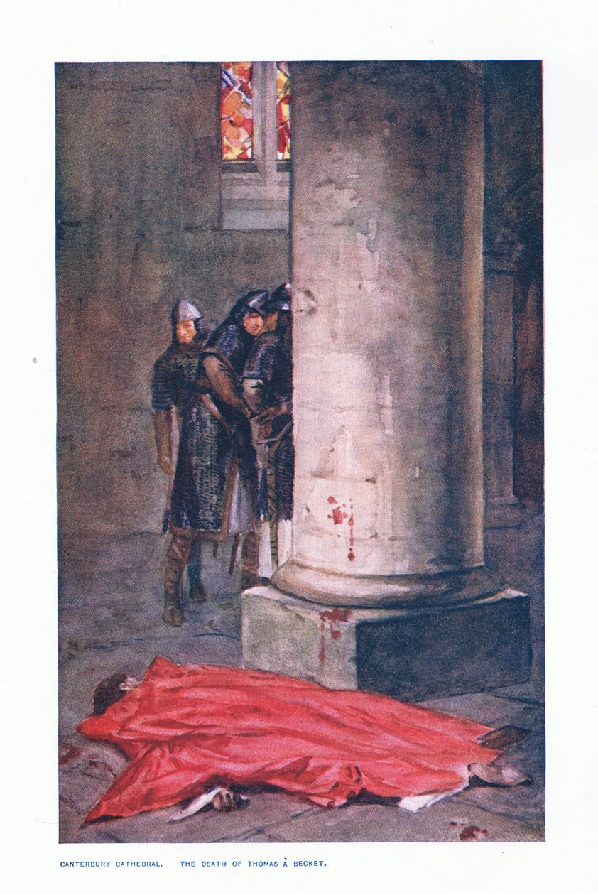 Canterbury katedrális: Thomas A Beckett halála, illusztráció a „Childrens Tales of English Minsters” című filmből, 1920 körül (színes litó) alkotó: Allan Stewart