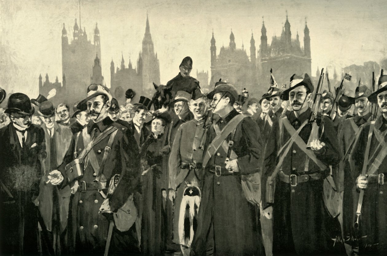 „London válasza – A városi birodalmi önkéntesek átkelnek a Westminster hídon”, 1900. alkotó: Allan Stewart