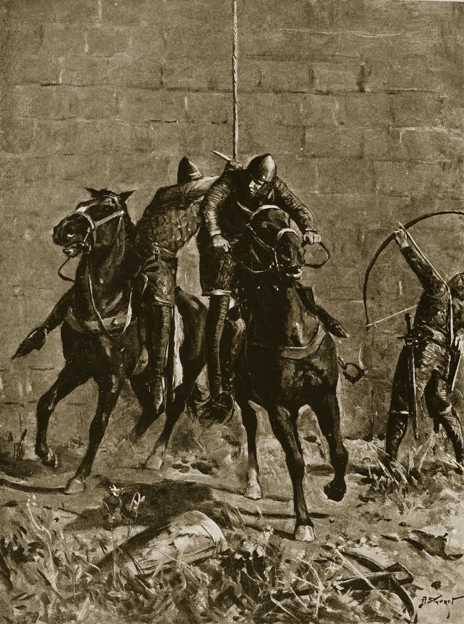 Stephen megmenti Henry skót herceget Ludlow-ban, illusztráció a „Hutchinson története a brit nemzetről”, 1920 körül (litho) alkotó: Allan Stewart