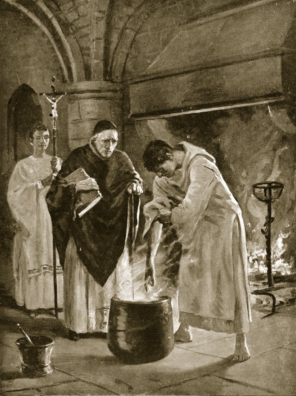 A forrásban lévő víz megpróbáltatása, illusztráció a „Hutchinson története a brit nemzetről”, 1920 körül (litho) alkotó: Allan Stewart