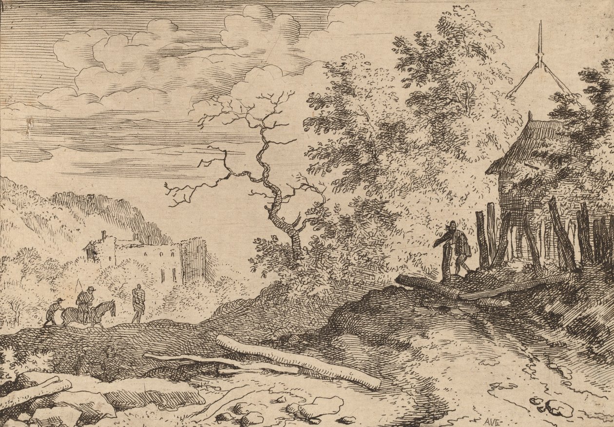 Kunyhó a sövény maradványaival, valószínűleg c. 16451656. alkotó: Allart van Everdingen