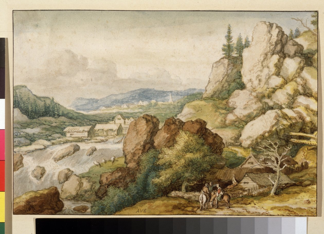 ""Táj három lovassal"" (Táj három lovassal) Akvarell: Allaert Pietersz van Everdingen (1621-1675) Puskin Múzeum, Moszkva alkotó: Allart van Everdingen