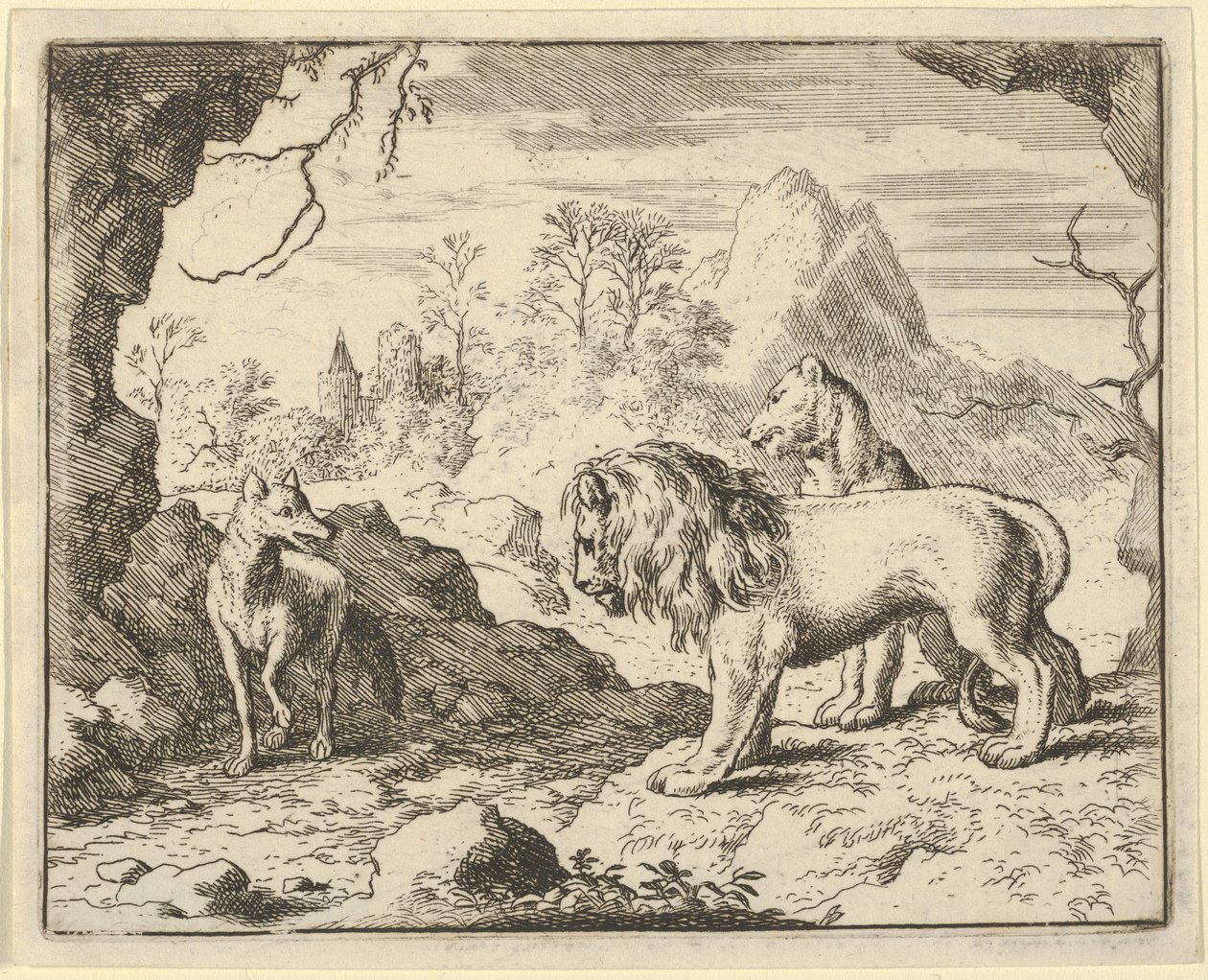 Renard meggyőzi az oroszlánt és az oroszlánt, hogy találtak egy kincset, amit apja ellopott tőlük..., 1650-75. alkotó: Allart van Everdingen