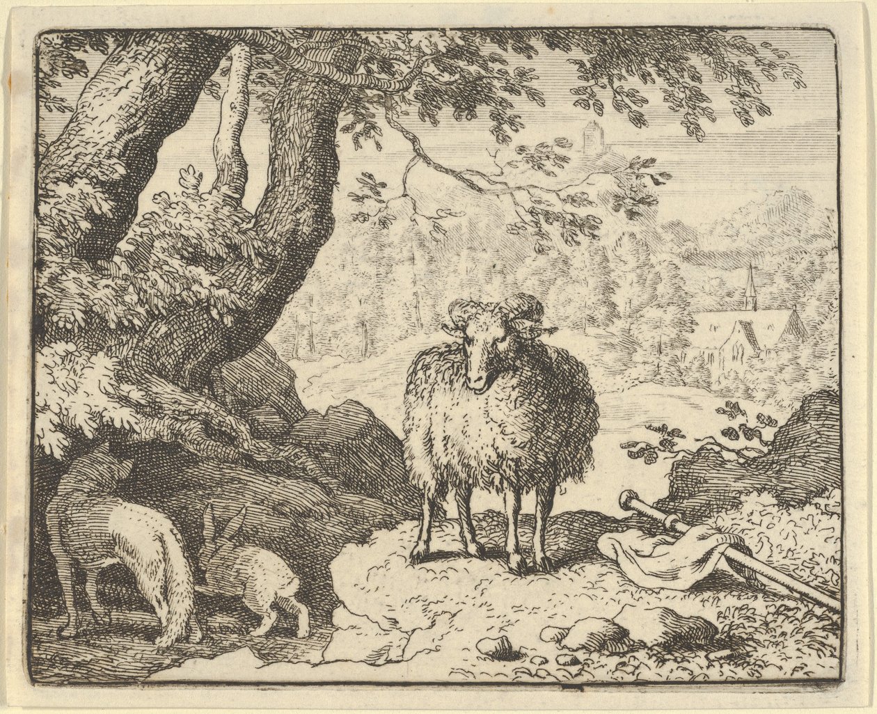 Renard meggyőzi a nyulat, hogy lépjen be az üregébe, és megöli, 1650-75. alkotó: Allart van Everdingen