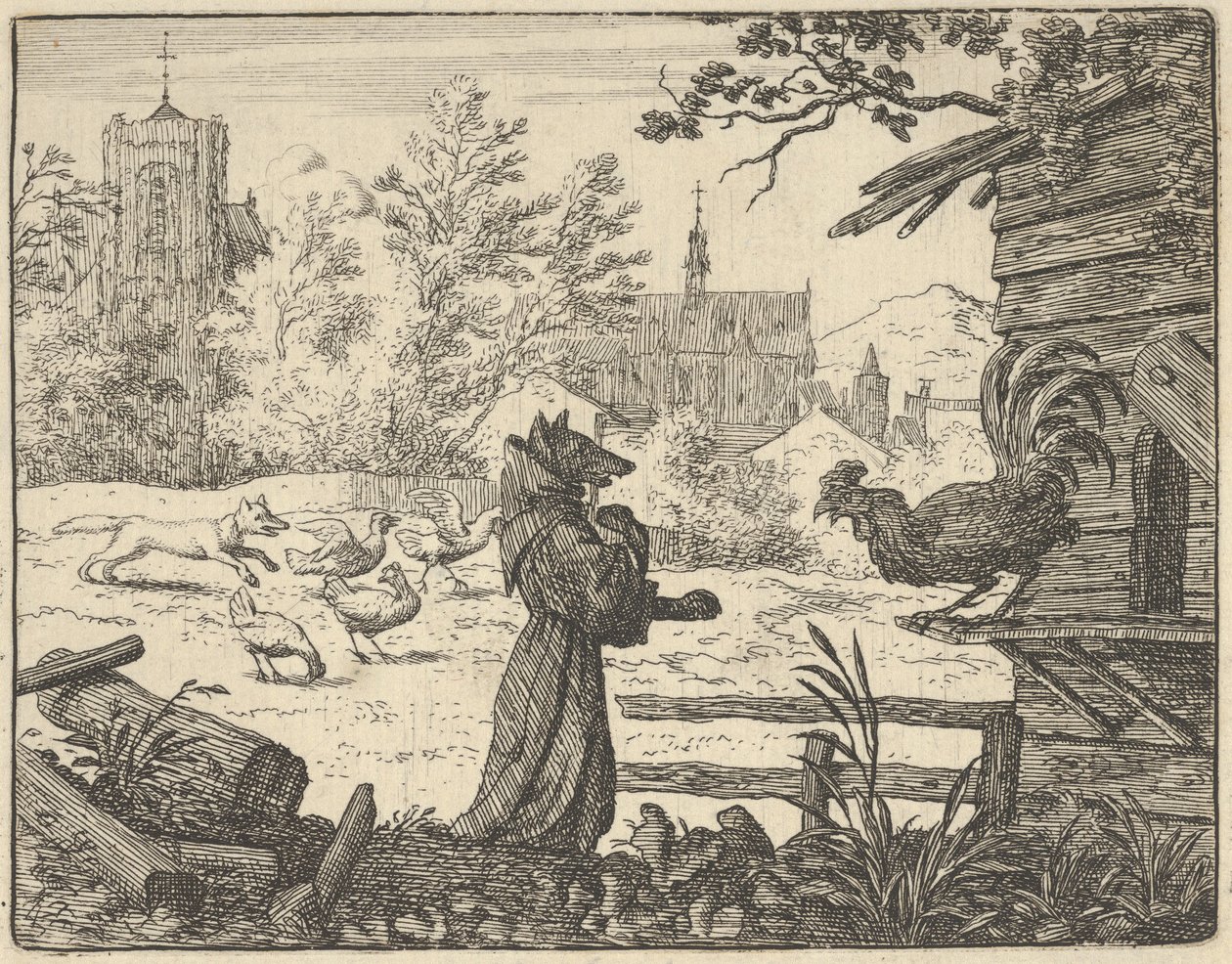 Renard, szerzetesnek álcázott, elnyeri a kakas bizalmát, 1650-75. alkotó: Allart van Everdingen