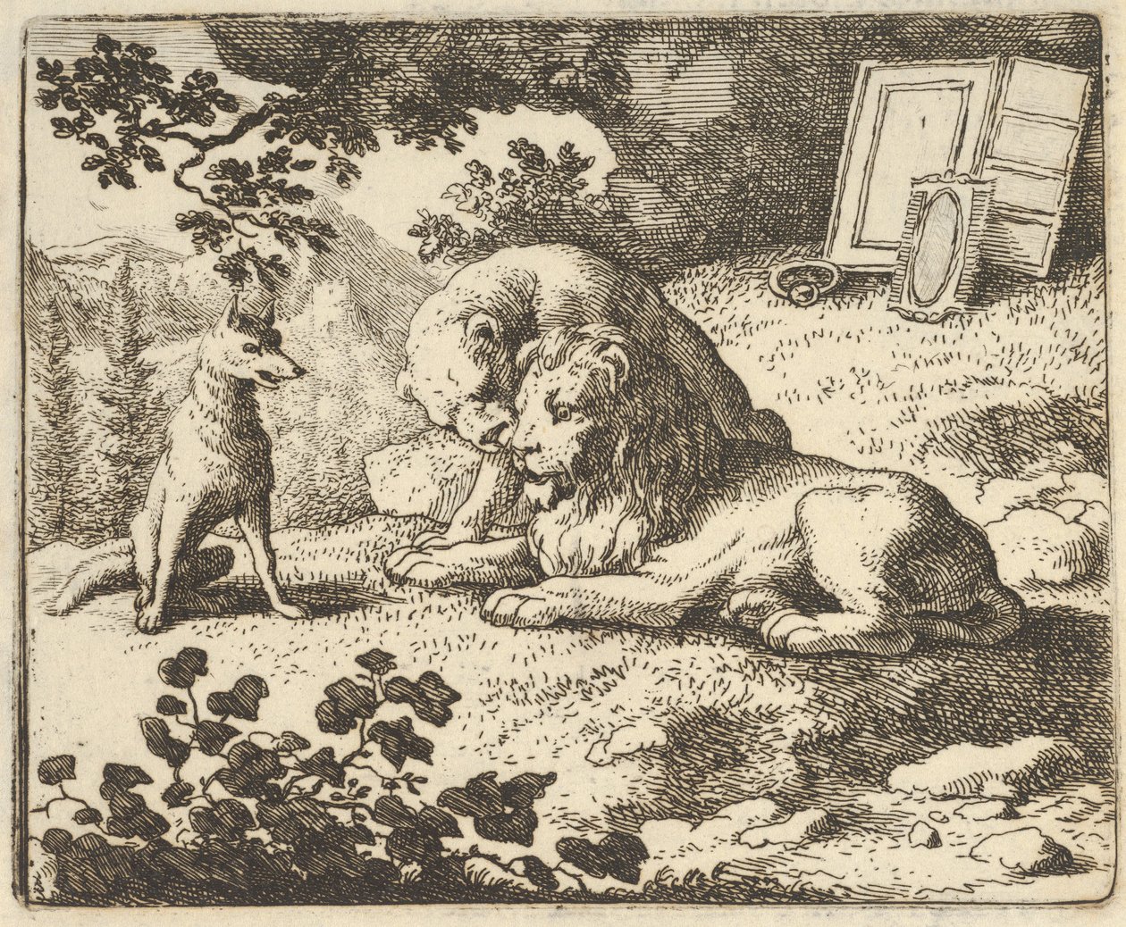 Renard azt hazudja, hogy különféle értékes tárgyakat adott a kosnak, amelyeket az oroszlánnak szántak..., 1650-75. alkotó: Allart van Everdingen