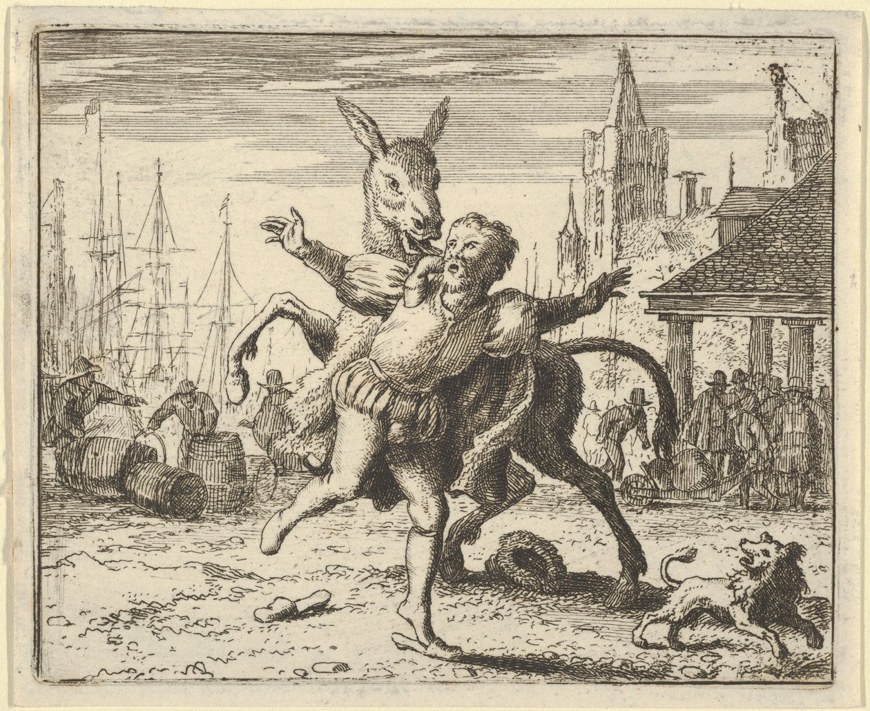 A szamár, féltékeny a kutya gazdájától kapott figyelmére, utánozni akar..., 1650-75. alkotó: Allart van Everdingen