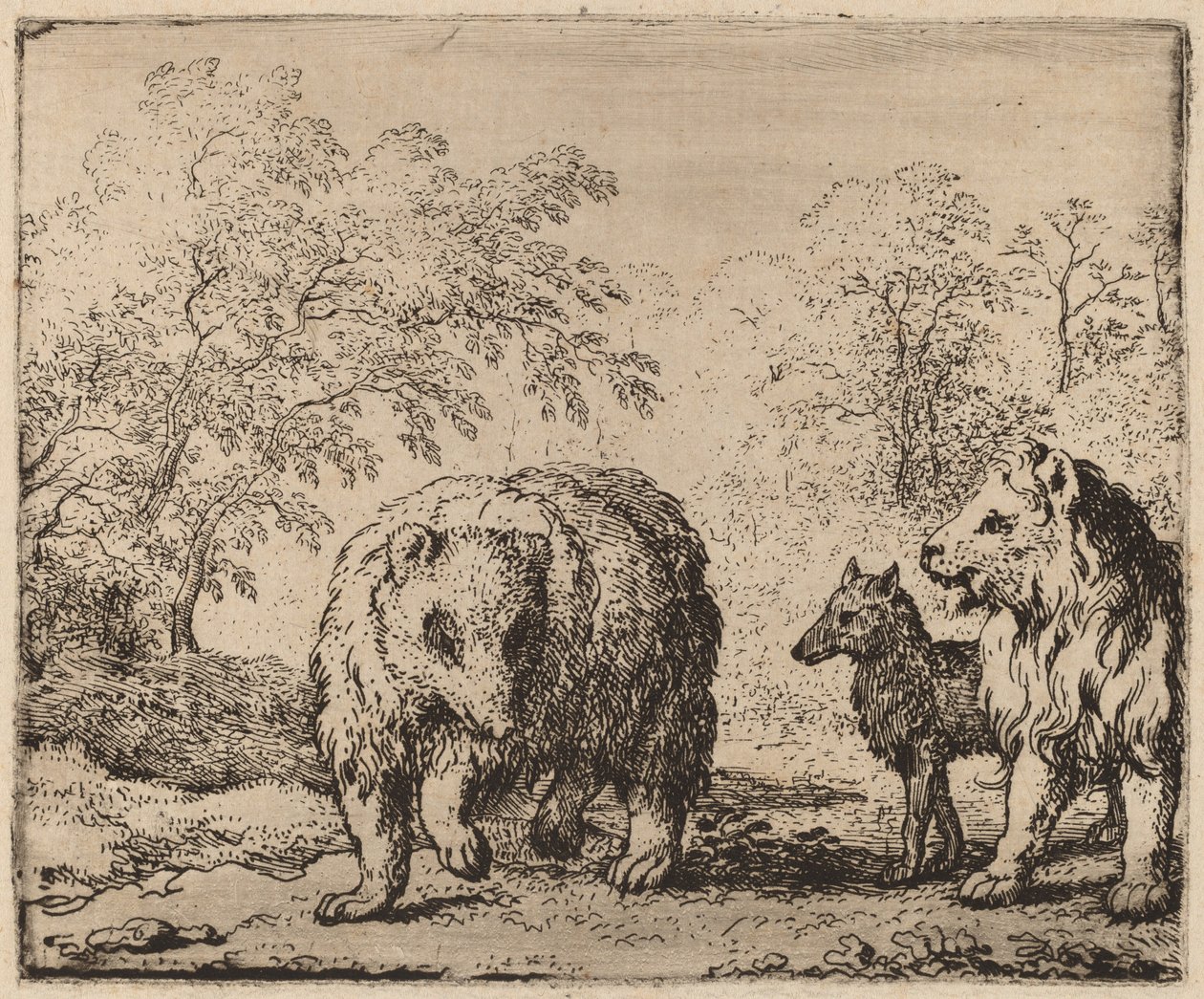 Az oroszlán kiszabadítja a medvét és a farkast, valószínűleg c. 16451656. alkotó: Allart van Everdingen