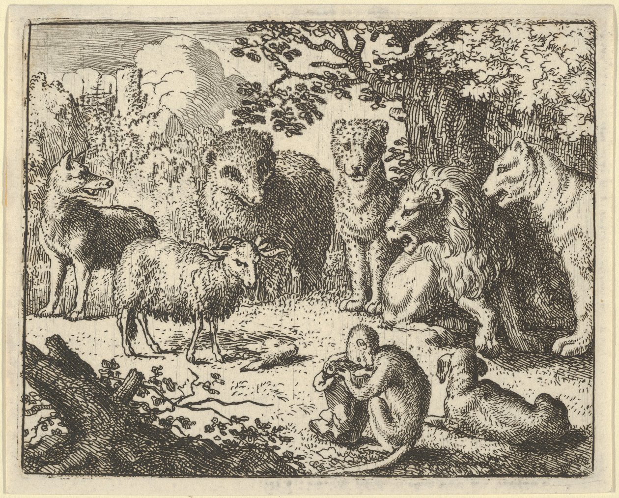 A majom kinyitja a csomagot és eltávolítja a nyúl fejét a... nagy meglepetésére, 1650-75. alkotó: Allart van Everdingen