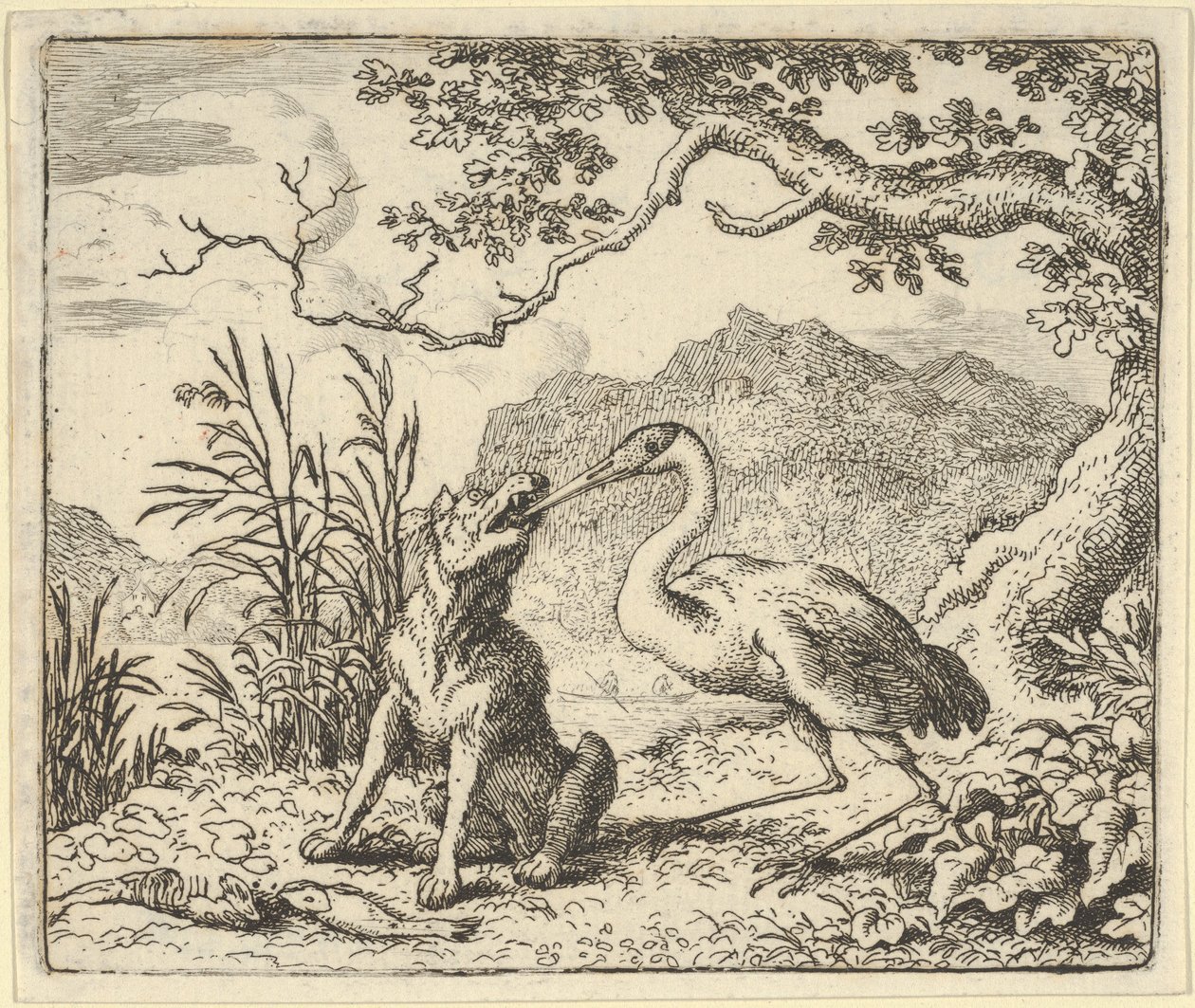 A gólya csontot távolít el a farkas torkából Hendrick van Alcmar Renard The F... című művéből, 1650-75. alkotó: Allart van Everdingen