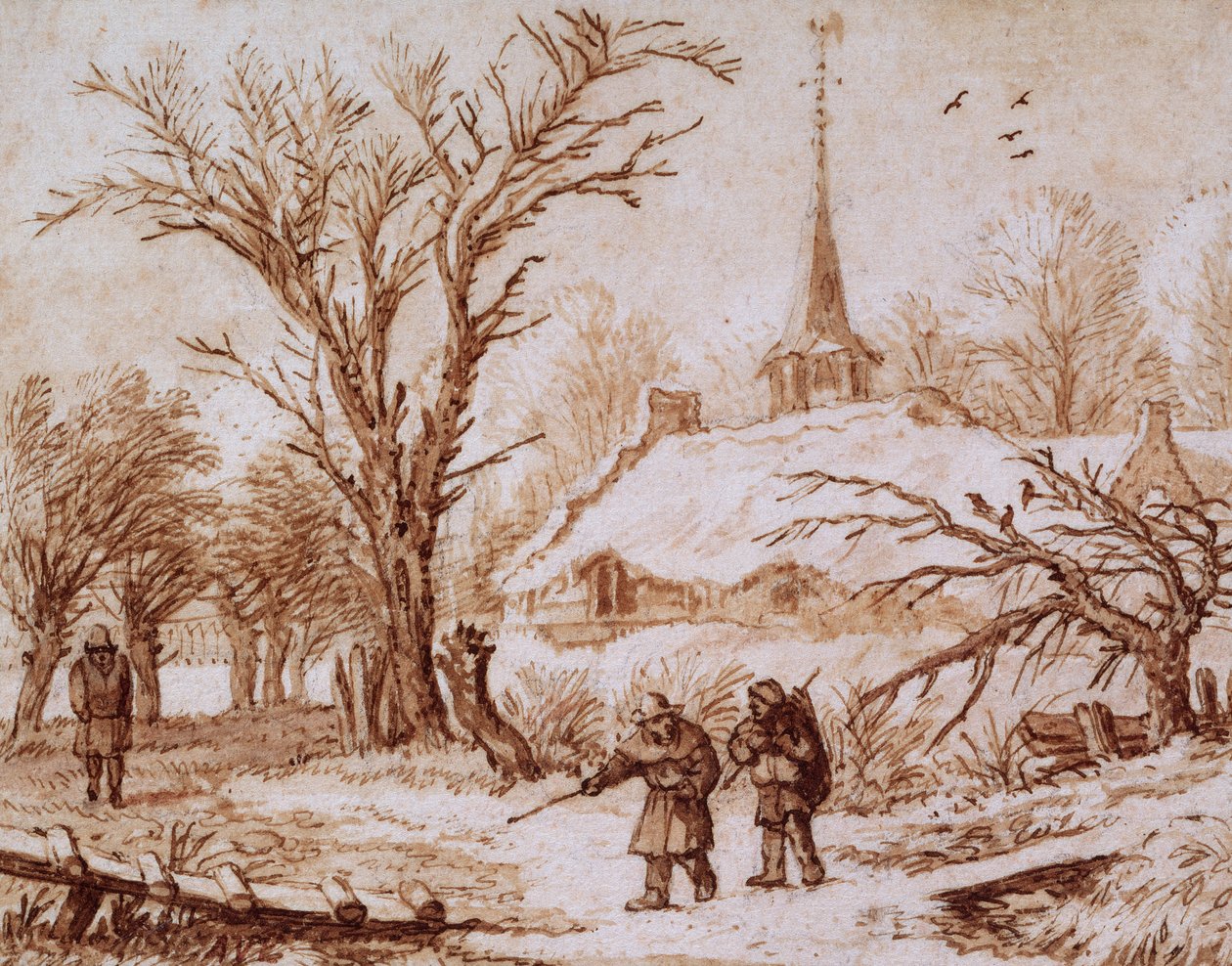 Utazók egy falu közelében télen (kréta, toll, tinta és mosószer) alkotó: Allart van Everdingen