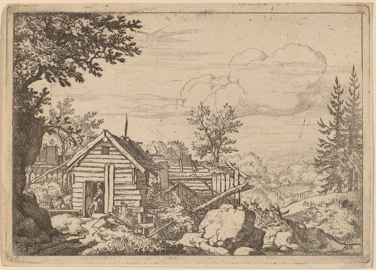 Két férfi egy kunyhó ajtajában, valószínűleg c. 16451656. alkotó: Allart van Everdingen