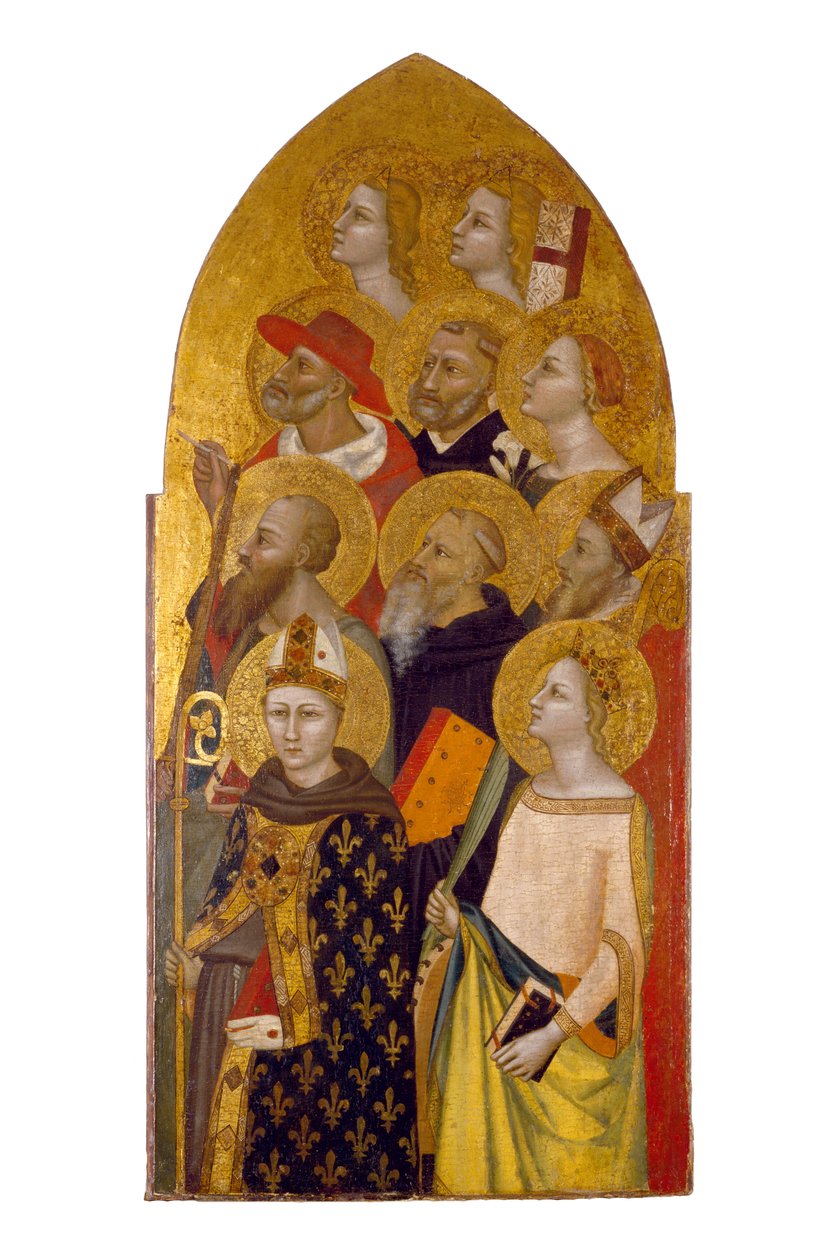 Szentek és angyalok, 1360-70 körül (tempera és aranylevél a panelen) alkotó: Allegretto Nuzi