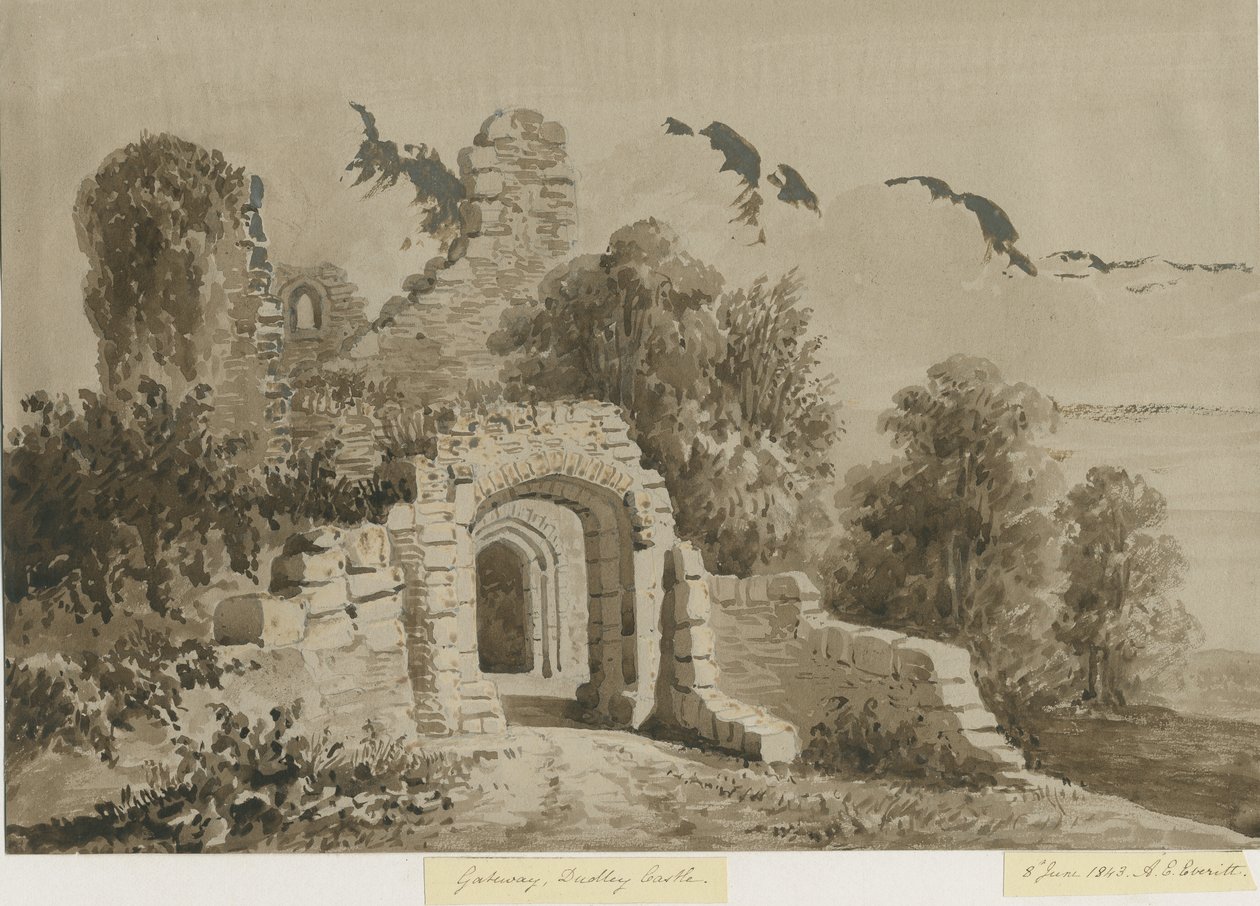Dudley kastély – Az átjáró: vörös-szépia mosórajz, 1843. június 8. alkotó: Allen Edward Everitt
