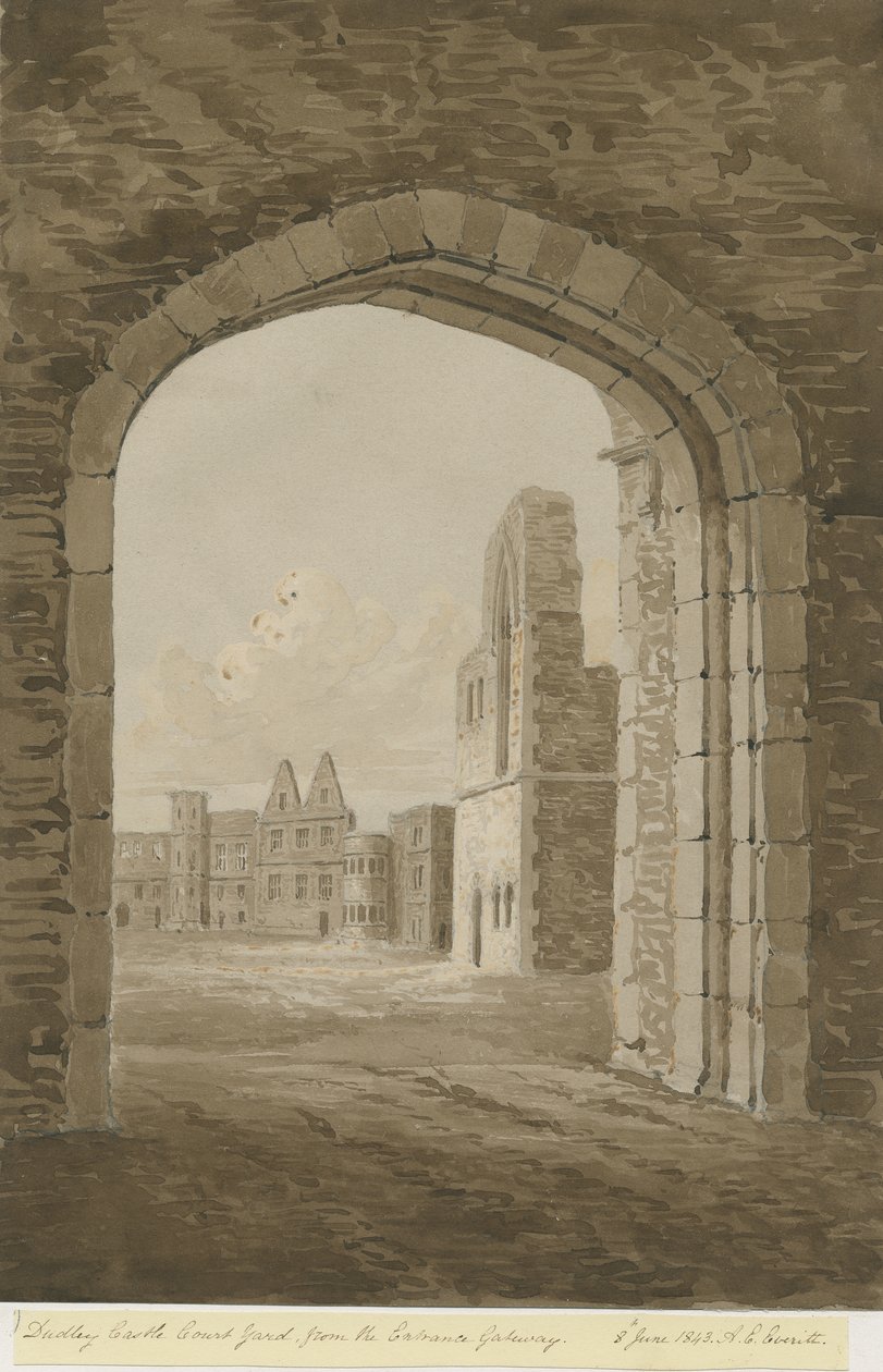 Dudley kastély – The Keep: vörös szépia rajz, 1843. június 8 alkotó: Allen Edward Everitt