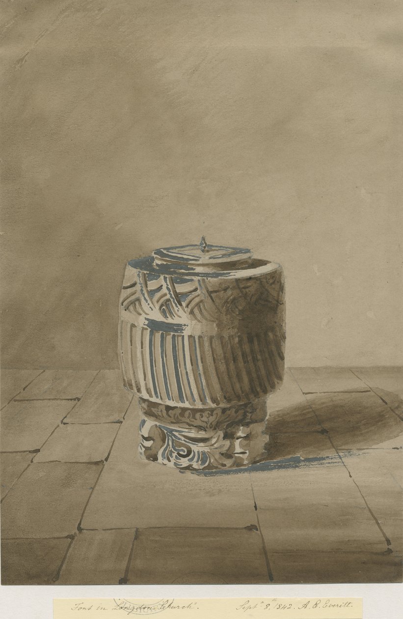Font in Longdon Church: szépia mosás rajz, 1842. szept. 8 alkotó: Allen Edward Everitt