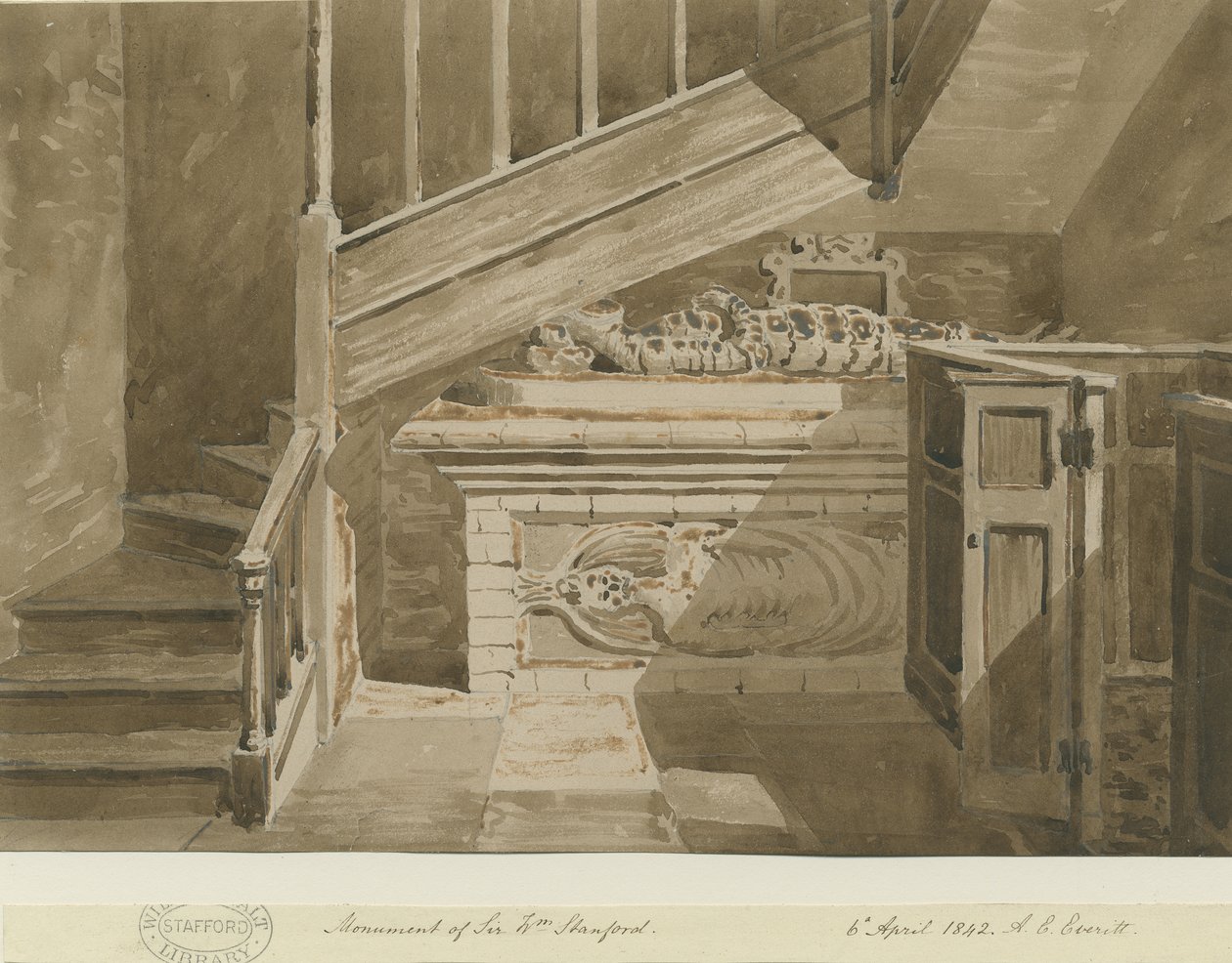 Handsworth – Sir William Stanford emlékműve: szépia rajz, 1842. április 6 alkotó: Allen Edward Everitt