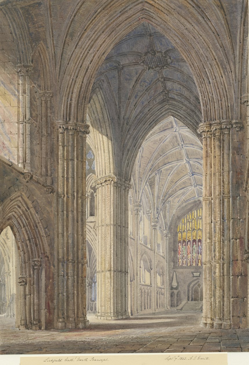 Lichfield katedrális belseje – North Transept: vízfestmény, 1842. szept. 7. alkotó: Allen Edward Everitt