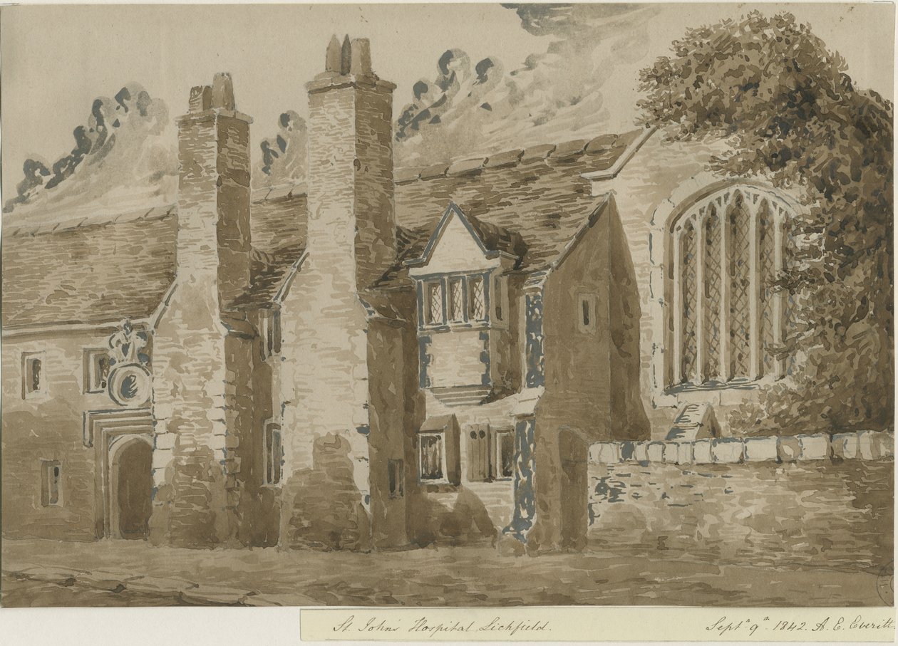 Lichfield – Szent János Kórház és Kápolna: vörös szépia rajz, 1842. szeptember 9. (rajz) alkotó: Allen Edward Everitt