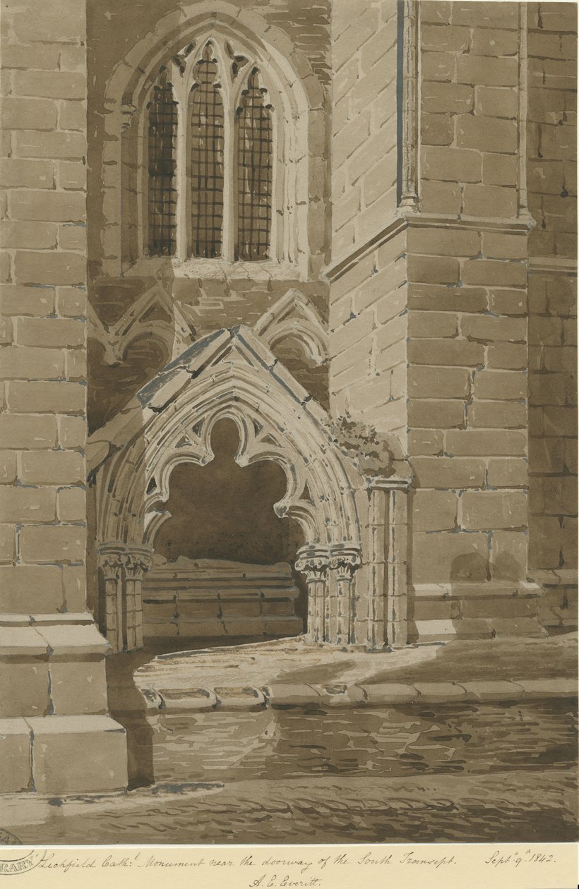 Lichfield katedrális – Déli kereszthajó: vörös szépia rajz, 1842. szept. 9 alkotó: Allen Edward Everitt