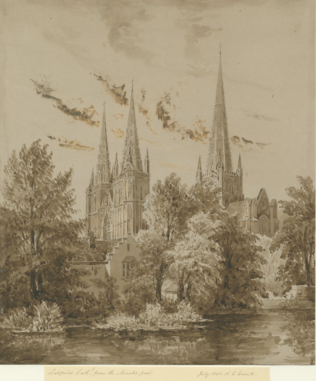 Lichfield katedrális – délnyugati nézet: szépia rajz, 1842. júl alkotó: Allen Edward Everitt