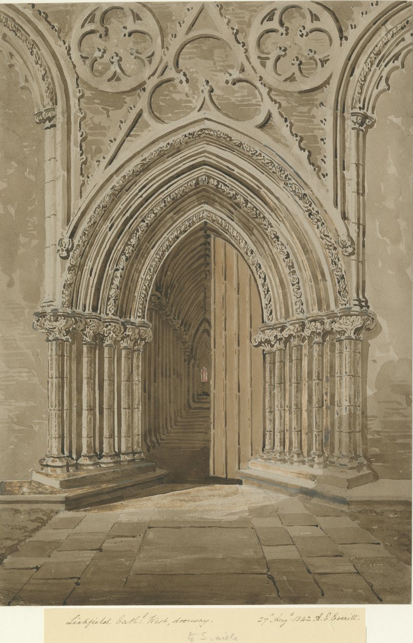 Lichfield katedrális – Nyugati ajtó: vörös/barna szépia rajz, 1842. augusztus 27. alkotó: Allen Edward Everitt