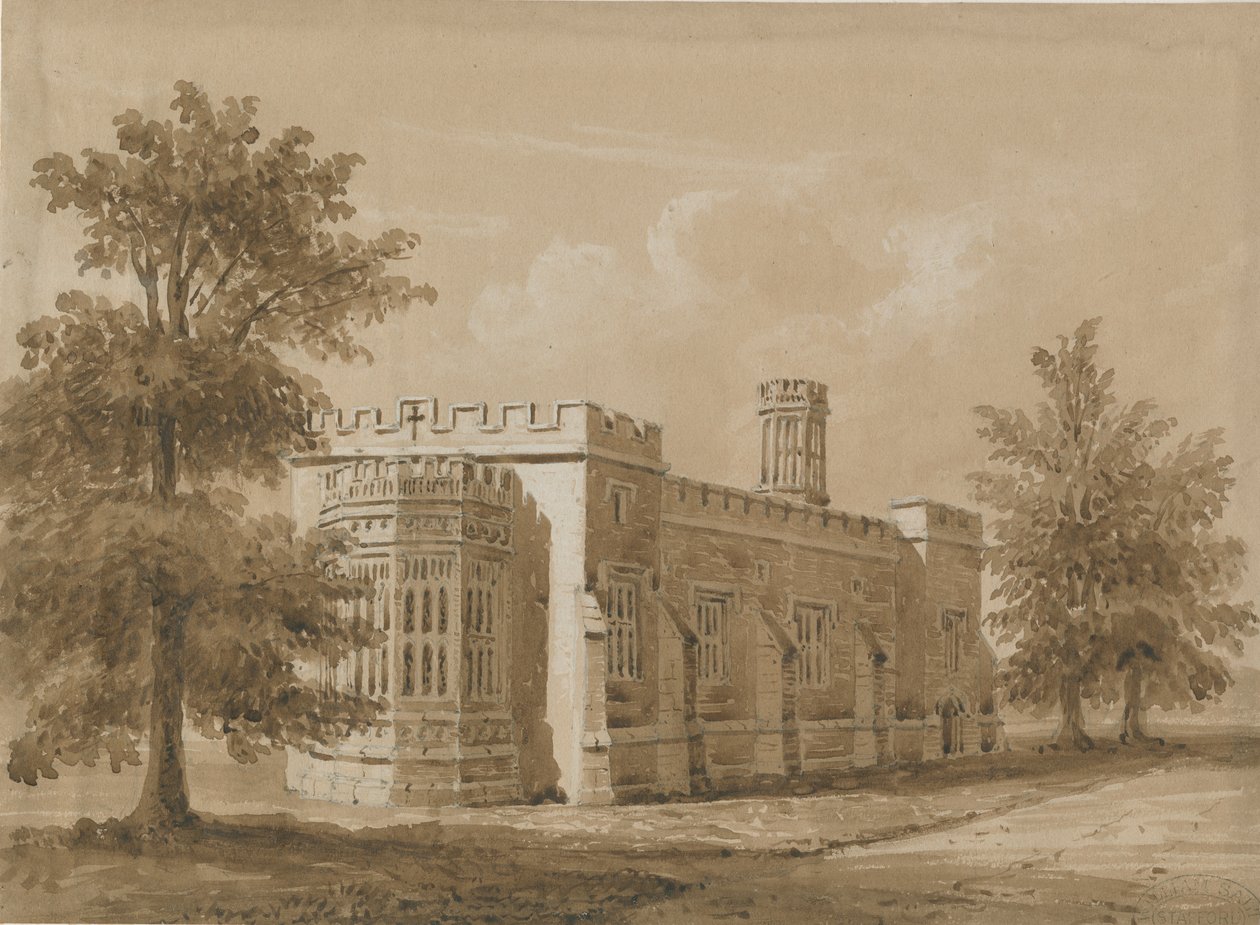 Tixall – Kápolna a Tixall Hallban: vörös-szépia mosórajz, nd [1842. július] alkotó: Allen Edward Everitt