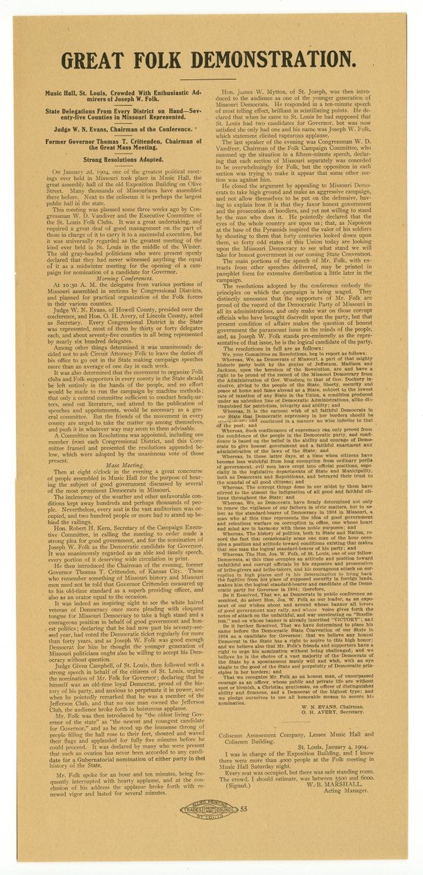 Az esemény zsúfolásban volt Joseph W. Folk lelkes rajongóival alkotó: Allied Printing