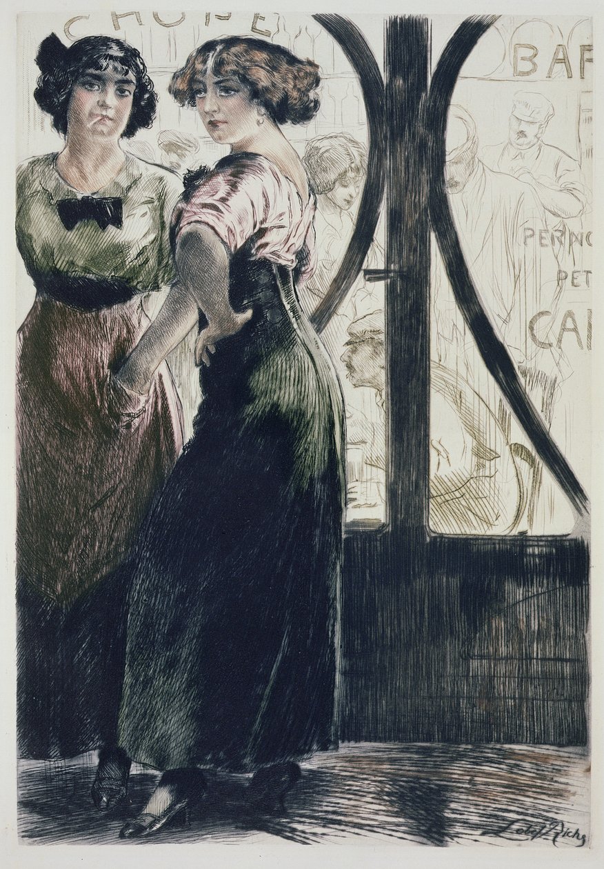 Street Girls, Párizs: Moeurs, Costumes et Attitudes 1912-13, 1. évf. 1: Les Bars, 1914-ben (színes litho) alkotó: Almery Lobel Riche