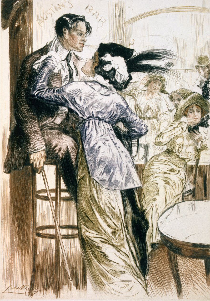 A szerelmesek, Párizs: Moeurs, Costumes et Attitudes 1912-13, 1. évf. 1: Les Bars, 1914-ben (színes litho) alkotó: Almery Lobel Riche