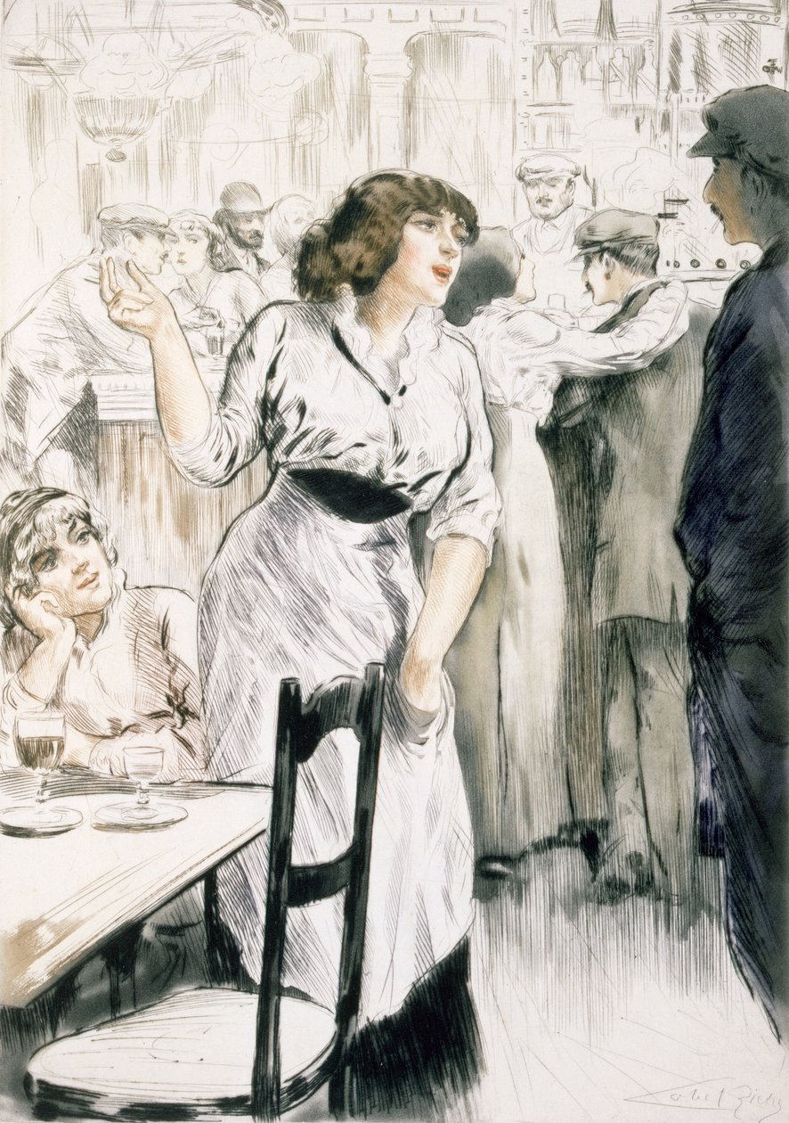 A pincérnő, Párizs: Moeurs, Costumes et Attitudes 1912-13, 2. évf. 1: Les Bars, 1914-ben (színes litho) alkotó: Almery Lobel Riche
