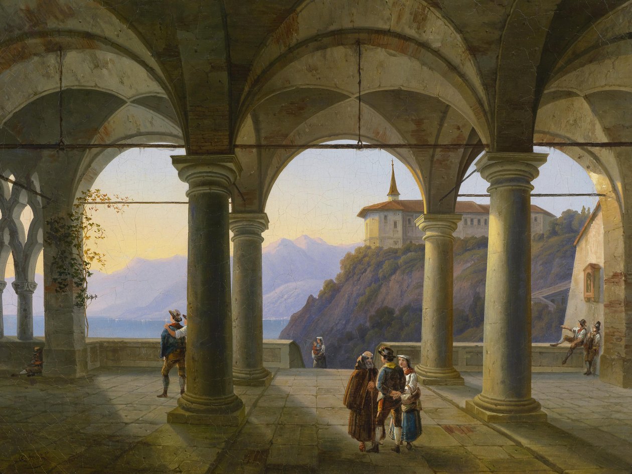 Oszlopterasz figurális személyzettel és kilátással a hegyi tóra alkotó: Alois Gustav Schulz