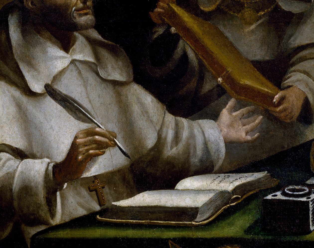 Szent Albert kezei, ahogy ír, részlet a Nagy Szent Albertnek és Aquinói Szent Tamásnak megjelenő Szent Pálról, Alonso Antonio Villamor (1661-1729) festménye, részlet alkotó: Alonso Antonio Villamor
