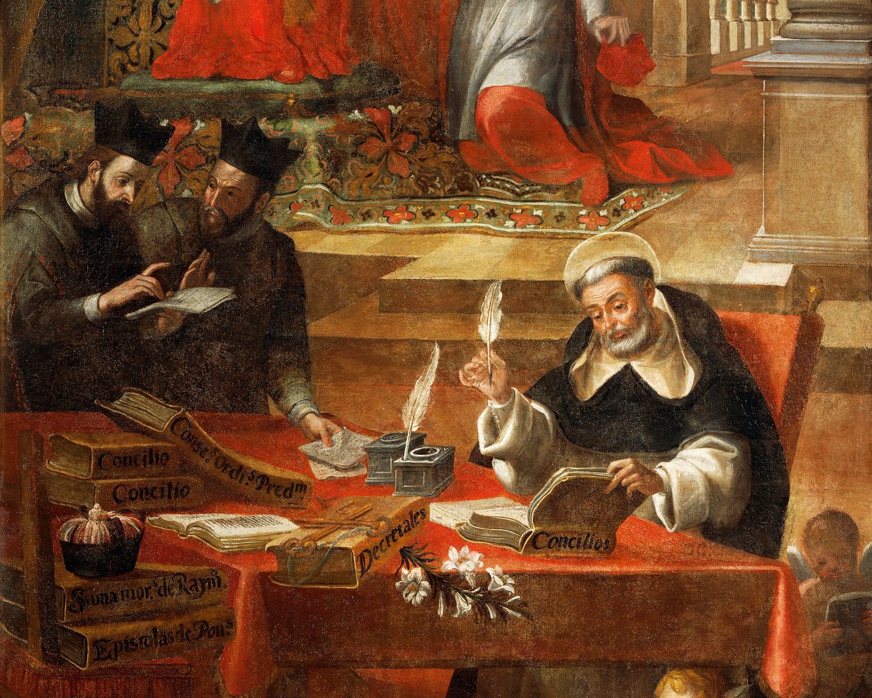 Két jezsuita beszélget, miközben Szent Raymond a zsinatot írja, részlet Penaforti Szent Raymondtól, IX. Gergely pápa tanácsadójától, Alonso Antonio Villamor (1661-1729). Szent Esteban kolostorból, Salamancából, Spanyolországból. alkotó: Alonso Antonio Villamor