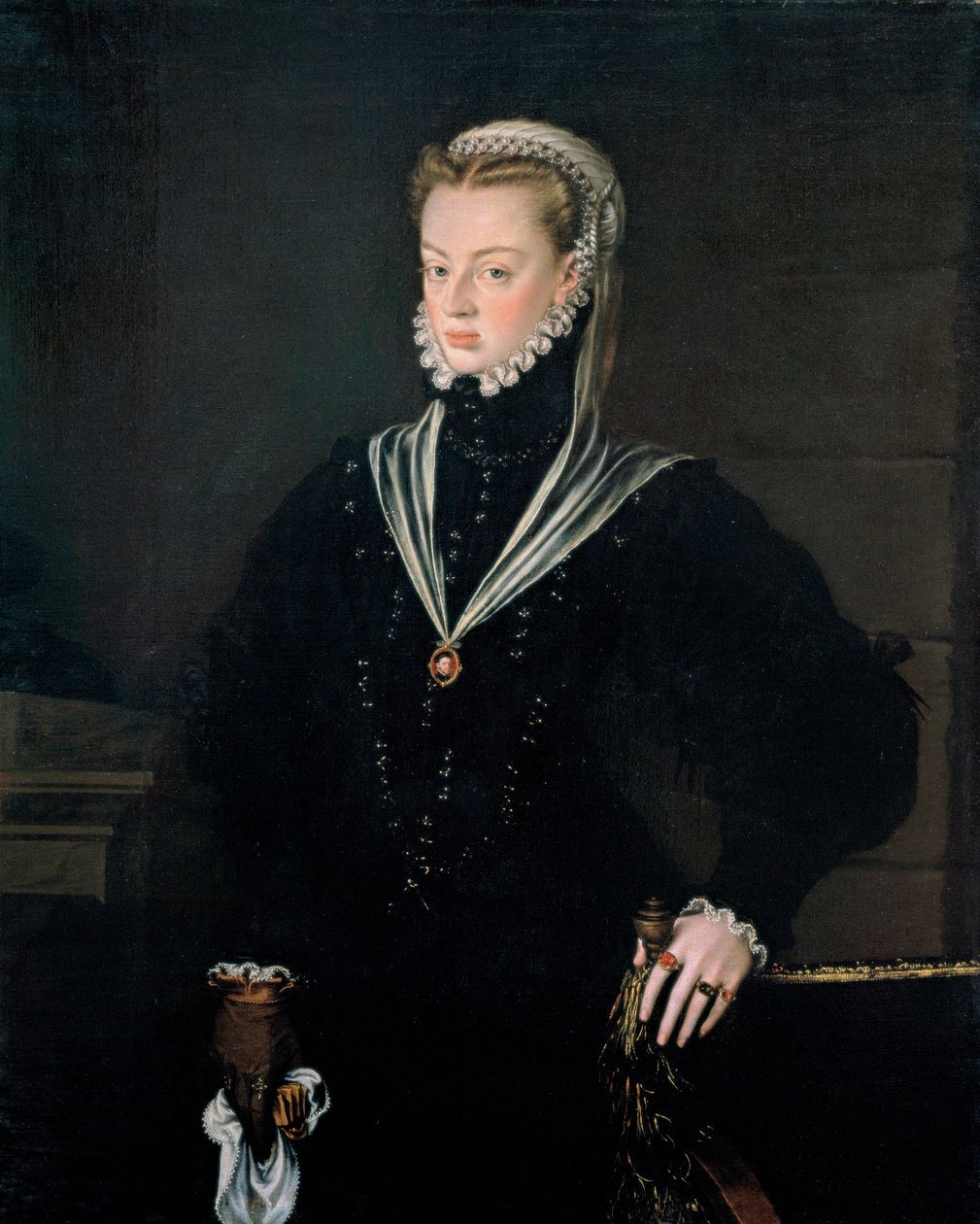 Joanna osztrák főhercegnő (1535-1573), portugál hercegnő portréja - Alonso Sanchez Coello (1531-1588) festménye, olaj, vászon, 1557 körül (116x93,5 cm) - Joanna osztrák főhercegnő portréja (1535-157) ), Portugália hercegnője, Olajra alkotó: Alonso Sánchez Coello