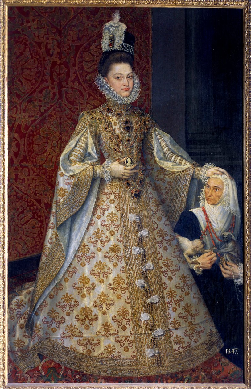 Portré Spanyol csecsemőjének lábánál Isabelle Clara Eugenie of Habsburg, Hollandia uralkodója és Magdalena Ruiz Alonso Sanchez Coello (1531-1588) festménye V. 1,29 x 2,07 m. 1585. Madrid. Musee du Prado – A csecsemő teljes alakos portréja alkotó: Alonso Sánchez Coello
