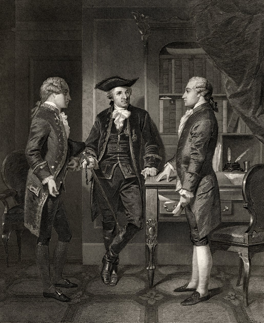 Baron de Kalb (középen) bemutatja Lafayette-et Silas Deannek, a „Washington élete és idői” I. kötetéből, 1857-ben alkotó: Alonzo Chappel