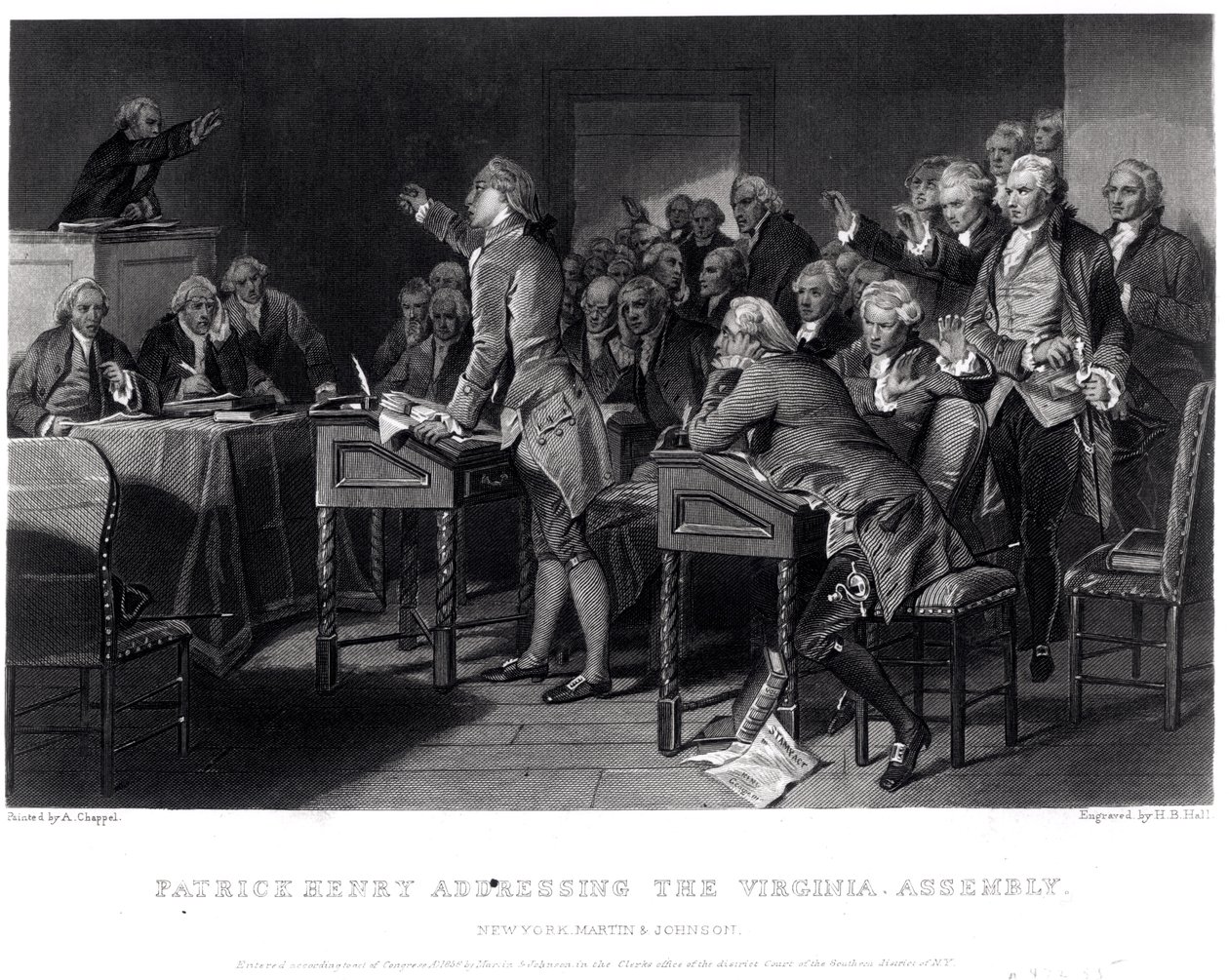 Patrick Henry beszédet mond a virginiai közgyűlésen, 1775. március, vésette Henry Bryan Hall (1808-84), 1856 alkotó: Alonzo Chappel