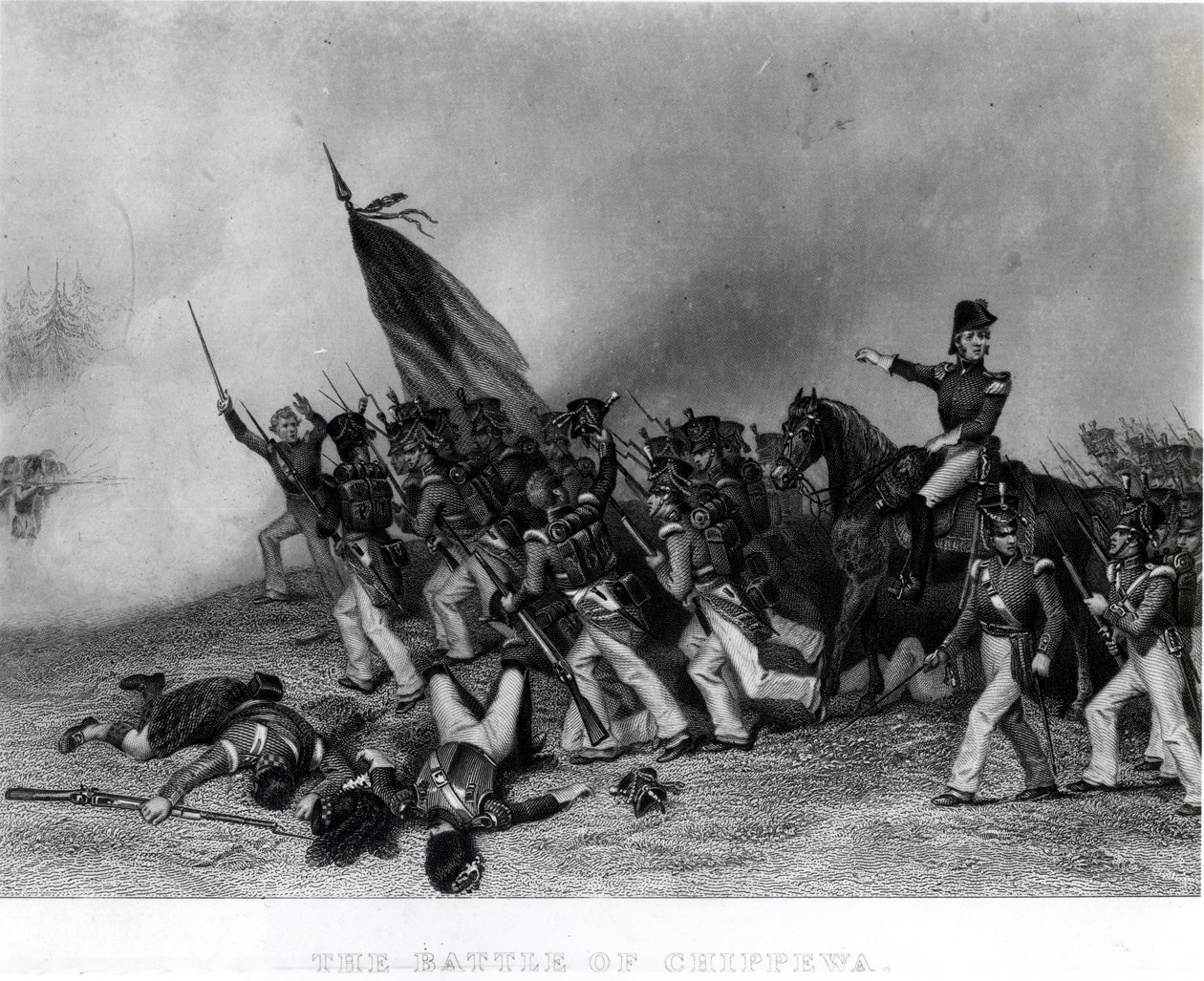 A chippewai csata, Scott tábornok elrendeli a McNeil zászlóalj rohamát, 1814. július 5., metszet: Johnson, Fry und Co. (metszet) (bundw fotó) alkotó: Alonzo Chappel