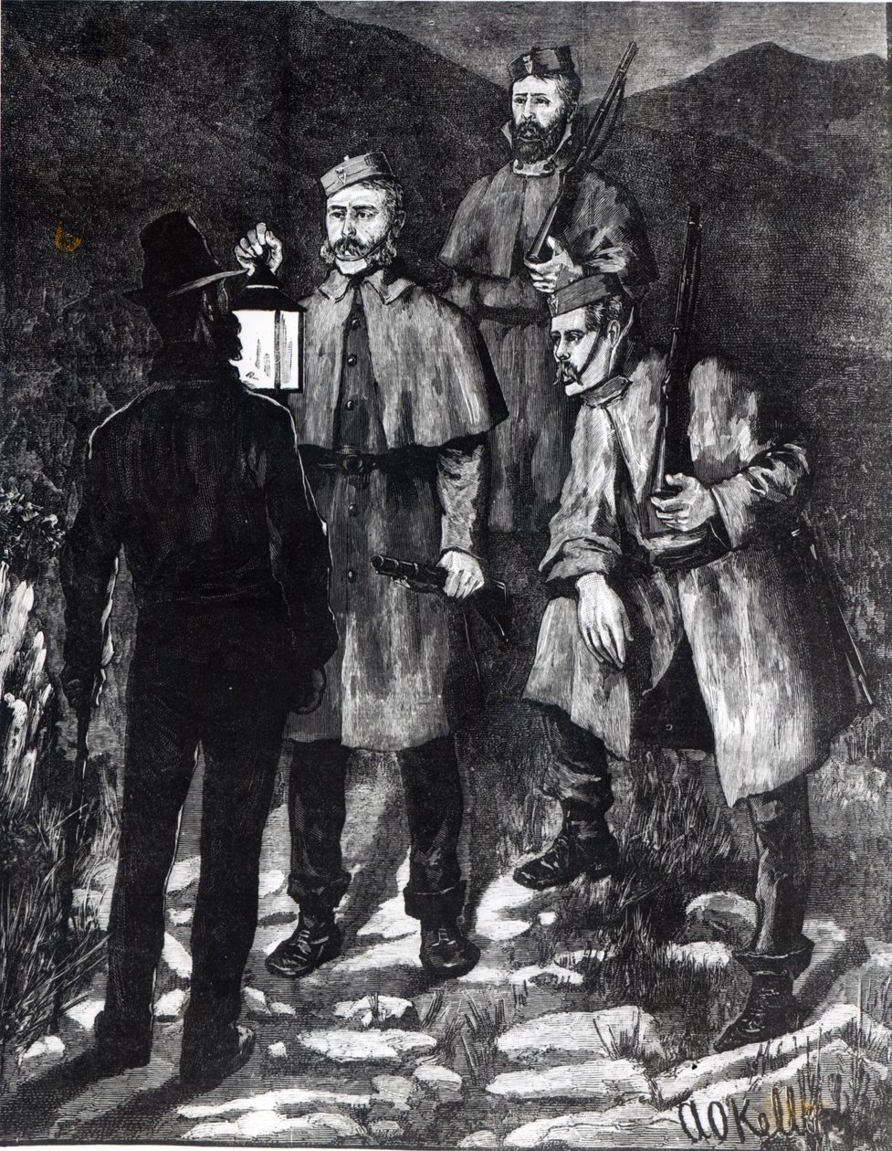 Írország helyzete: Rendőrjárőr kihív egy gyanúsítottat, a "The Illustrated London News"-ból, 1880 körül. alkotó: Aloysius C. O