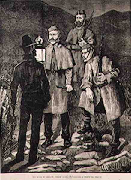 Írország helyzete: A The Illustrated London News 1881. június 8-i számából: Egy rendőrjárőr kihív egy gyanúsítottat alkotó: Aloysius C. OKelly