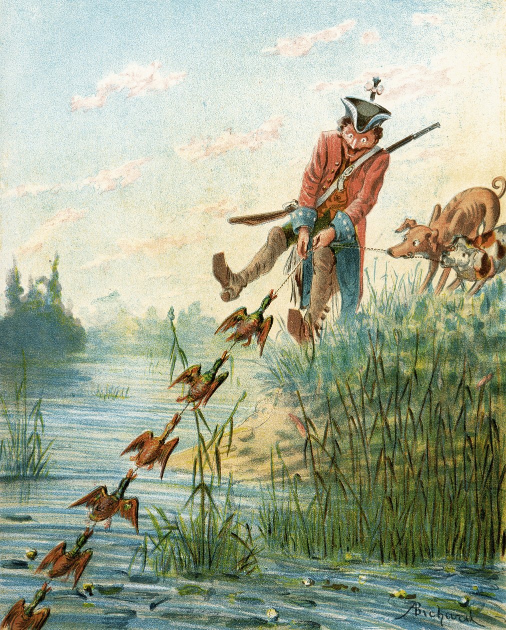 Münchhausen báró kacsákat fog szalonnazsírral, Rudolf Erich Raspe (1736-94) 1886 körül megjelent "Münchhausen báró kalandjai" című művéből. alkotó: Alphonse Adolphe Bichard