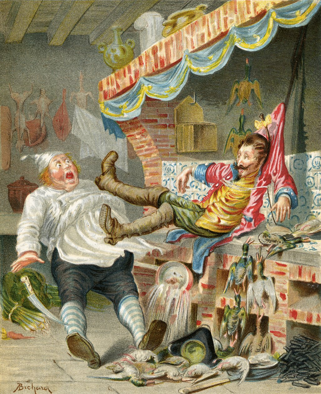 Repülés kacsákkal a kéményben, Rudolf Erich Raspe (1736-94) „Münchausen báró kalandjai” című művéből, 1886 körül megjelent alkotó: Alphonse Adolphe Bichard