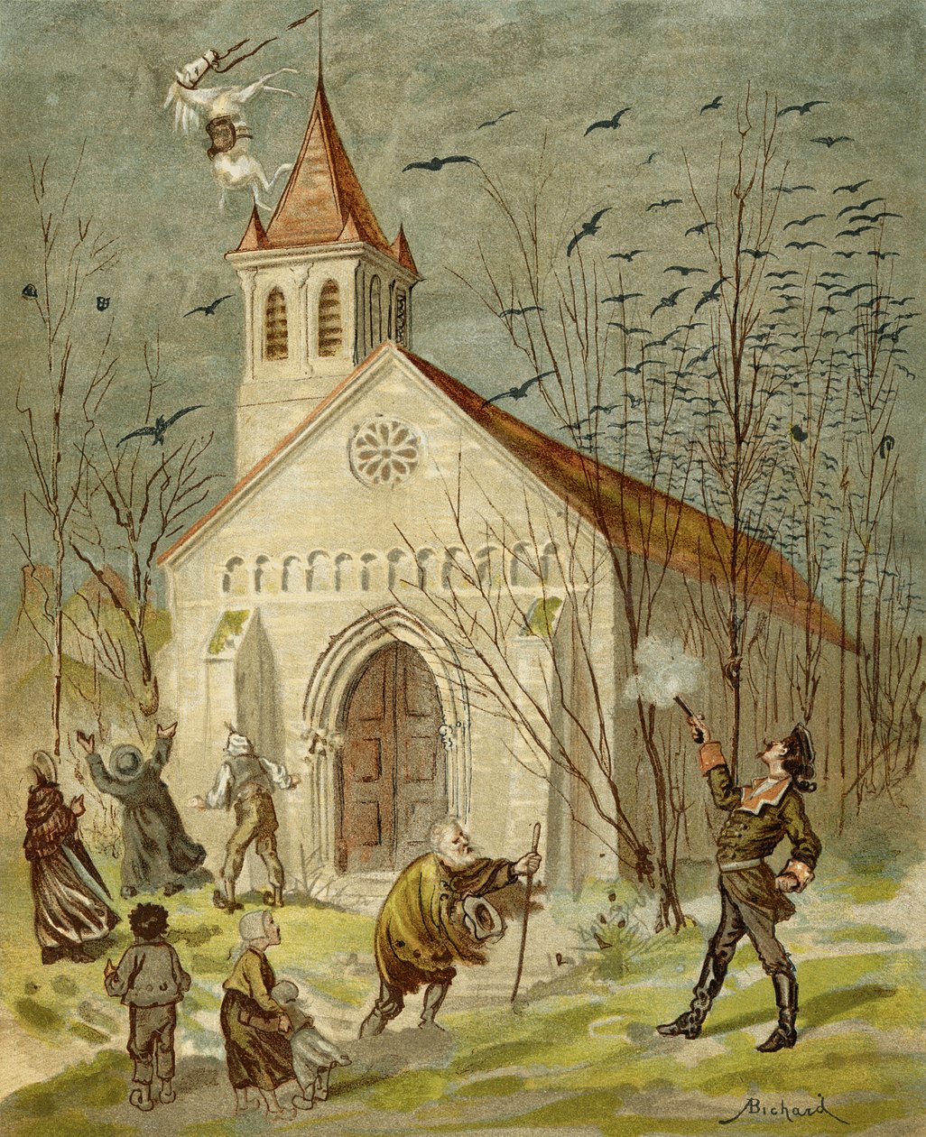 A báró jól bevált Rudolph Erich Raspe (1736-94) „Münchausen báró kalandjai” című művéből, amely 1886 körül jelent meg. alkotó: Alphonse Adolphe Bichard