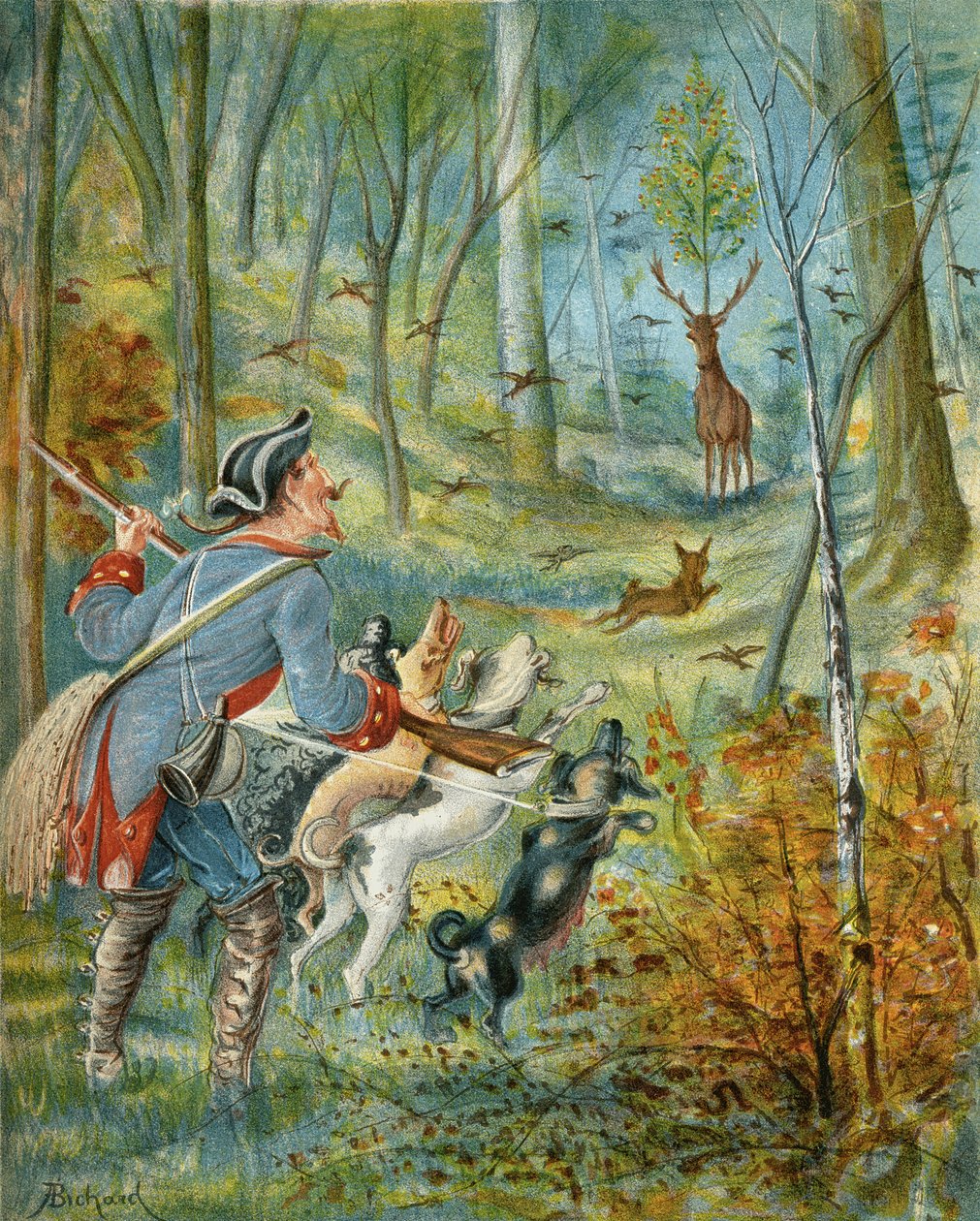 A cseresznyekövekkel történő szarvaslövés hatásai Rudolf Erich Raspe (1736-94) „Münchausen báró kalandjai” című művéből, 1886 körül megjelent alkotó: Alphonse Adolphe Bichard