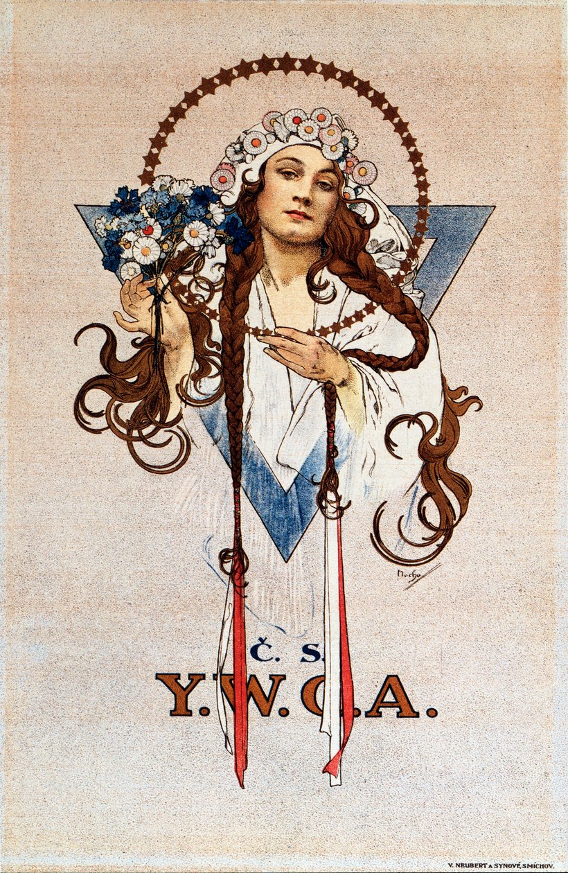 Csehszlovák YWCA poszter a Fiatal Nők Keresztény Egyesületének YWCA Csehszlovákiában Litográfiája: Alphonse Mucha (1860-1939) 1922 Méret 54x82 cm Magángyűjtemény alkotó: Alphonse Mucha
