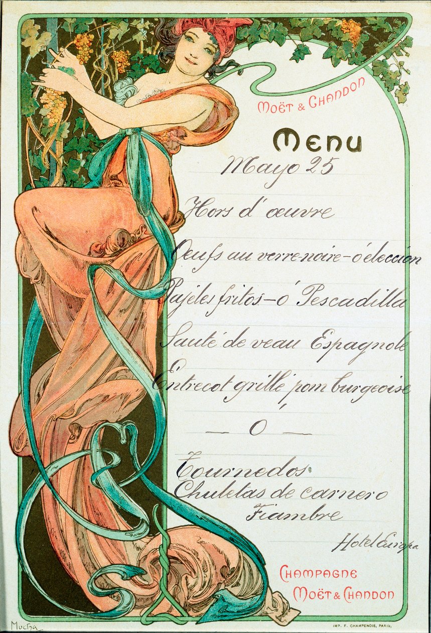A Champagne Moet és Chandon által nyomtatott menü egy francia különleges ételhez. Illusztráció: Alphonse Mucha (1860-1939) Dim. 22x15 cm Milánó, magángyűjtemény alkotó: Alphonse Mucha