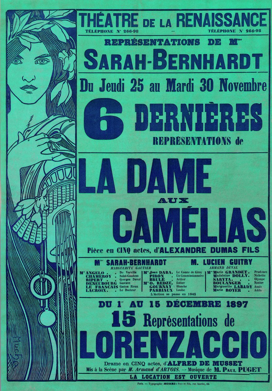 Alexandre Dumas La Dame aux Camelias és Alfred de Musset Lorenzaccio című plakátja Sarah Bernhardt főszereplésével, Theater du Renaissance, Párizs, 1897 alkotó: Alphonse Mucha
